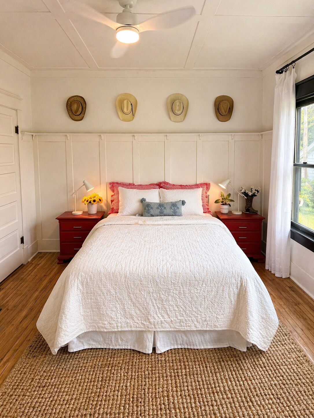 Ein Schlafzimmer mit einem Bett, zwei Nachttischen, einem Deckenventilator und einem Fenster mit Vorhängen.