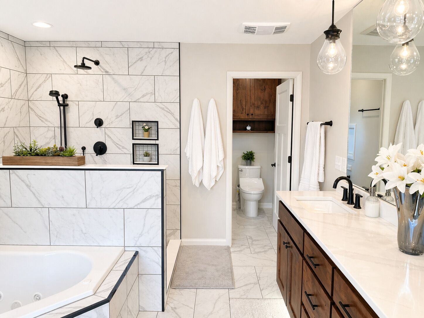 Jetted bath, hair dryer, bidet, towels