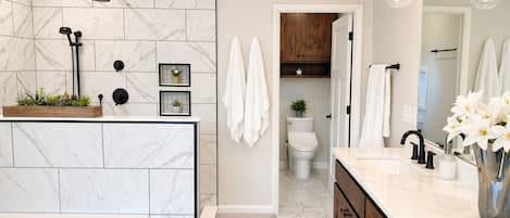 Jetted bath, hair dryer, bidet, towels