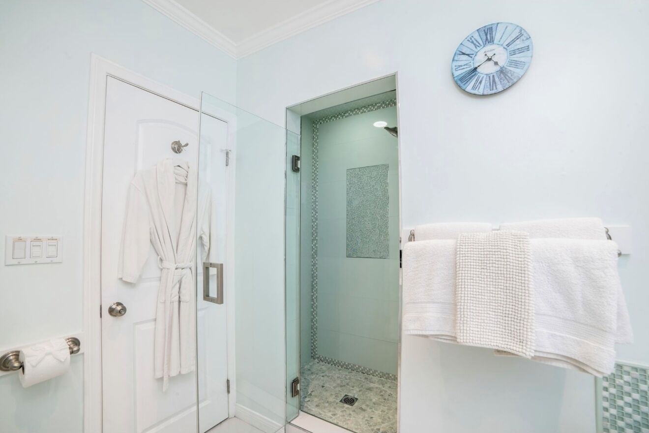 Shower, jetted tub, hair dryer, towels