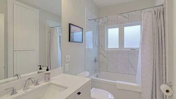 Shower, hair dryer, shampoo