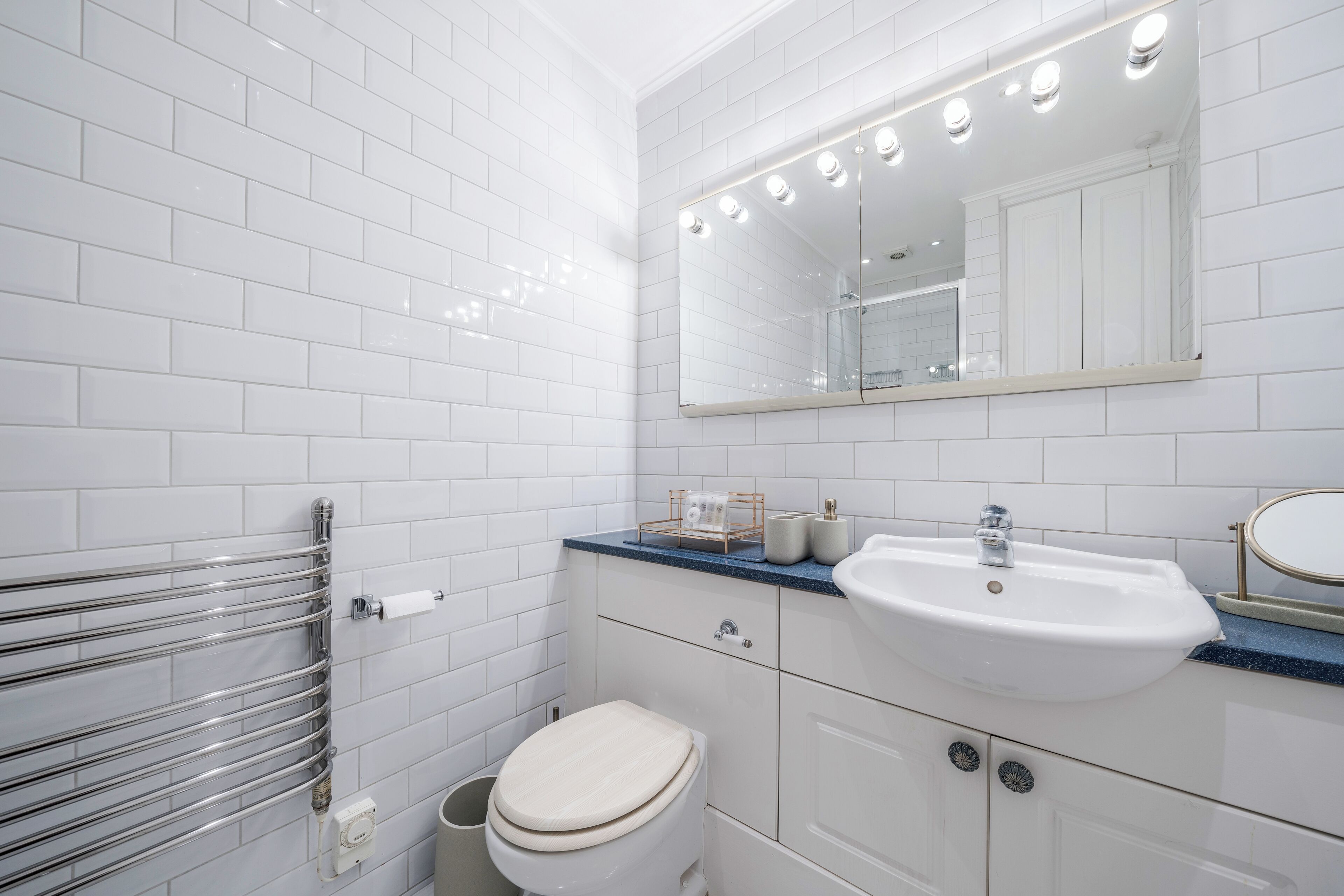 Hair dryer, towels, soap, toilet paper
