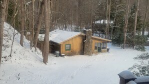 Une cabane en bois avec une cheminée en pierre, entourée d’arbres couverts de neige et sous un ciel dégagé.