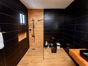 Douche, séchoir à cheveux, serviettes fournies, savon