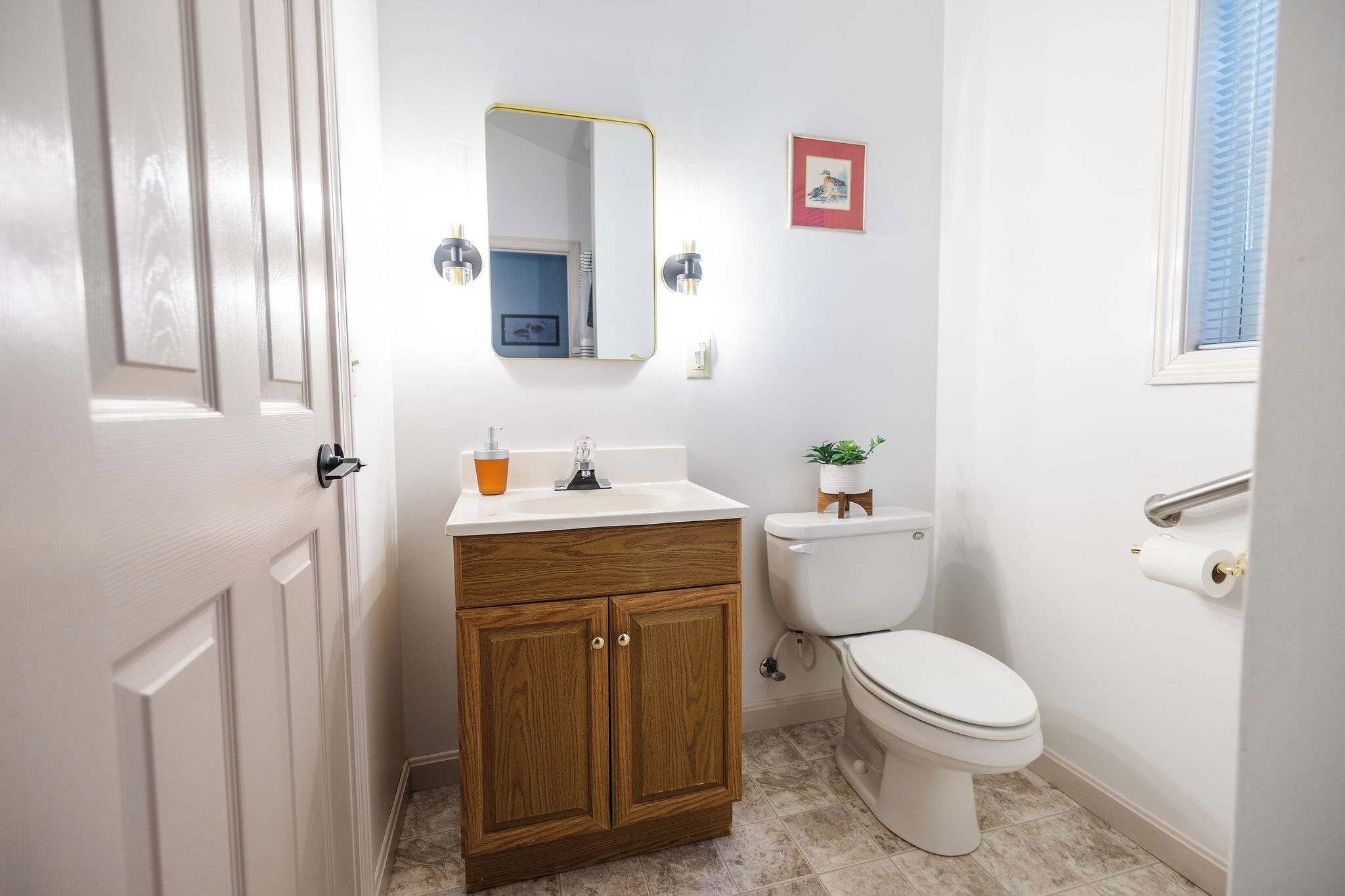 Et badeværelse med en trækommode, et hvidt toilet, et spejl med gylden ramme og en lille plante på toilettet.