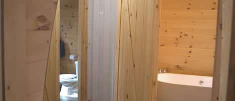 Shower, hair dryer, towels, shampoo