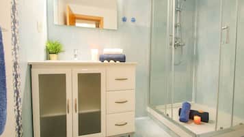 Shower, hair dryer, towels
