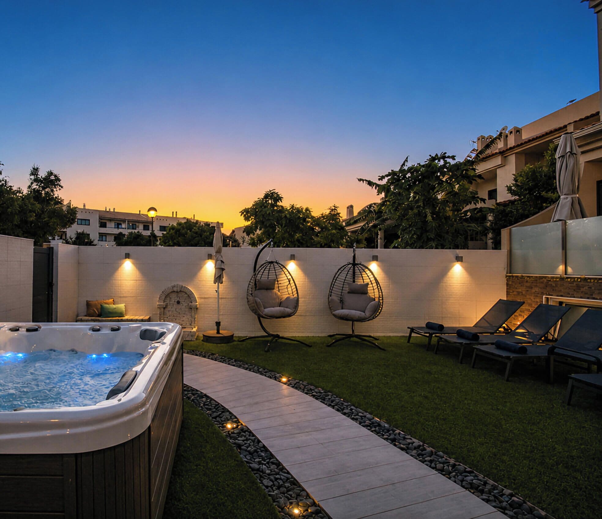 A hot tub, two hanging chairs, and lounge chairs in a backyard with a sunset view.