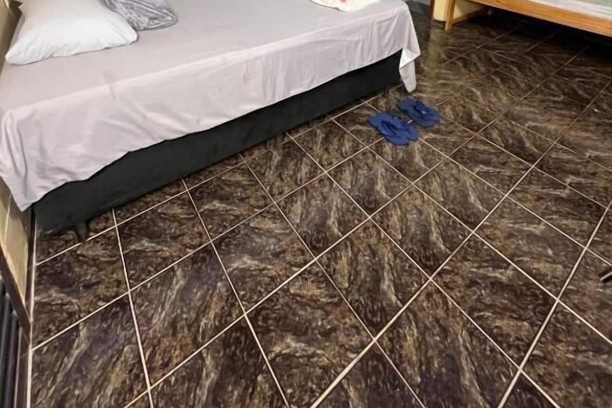 Un dormitorio con cama, literas, ventana con cortinas, unidad de aire acondicionado y una planta en maceta.
