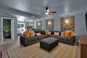 Smart TV, fireplace, video games, foosball