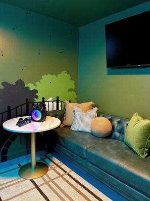 Smart TV, fireplace, video games, foosball