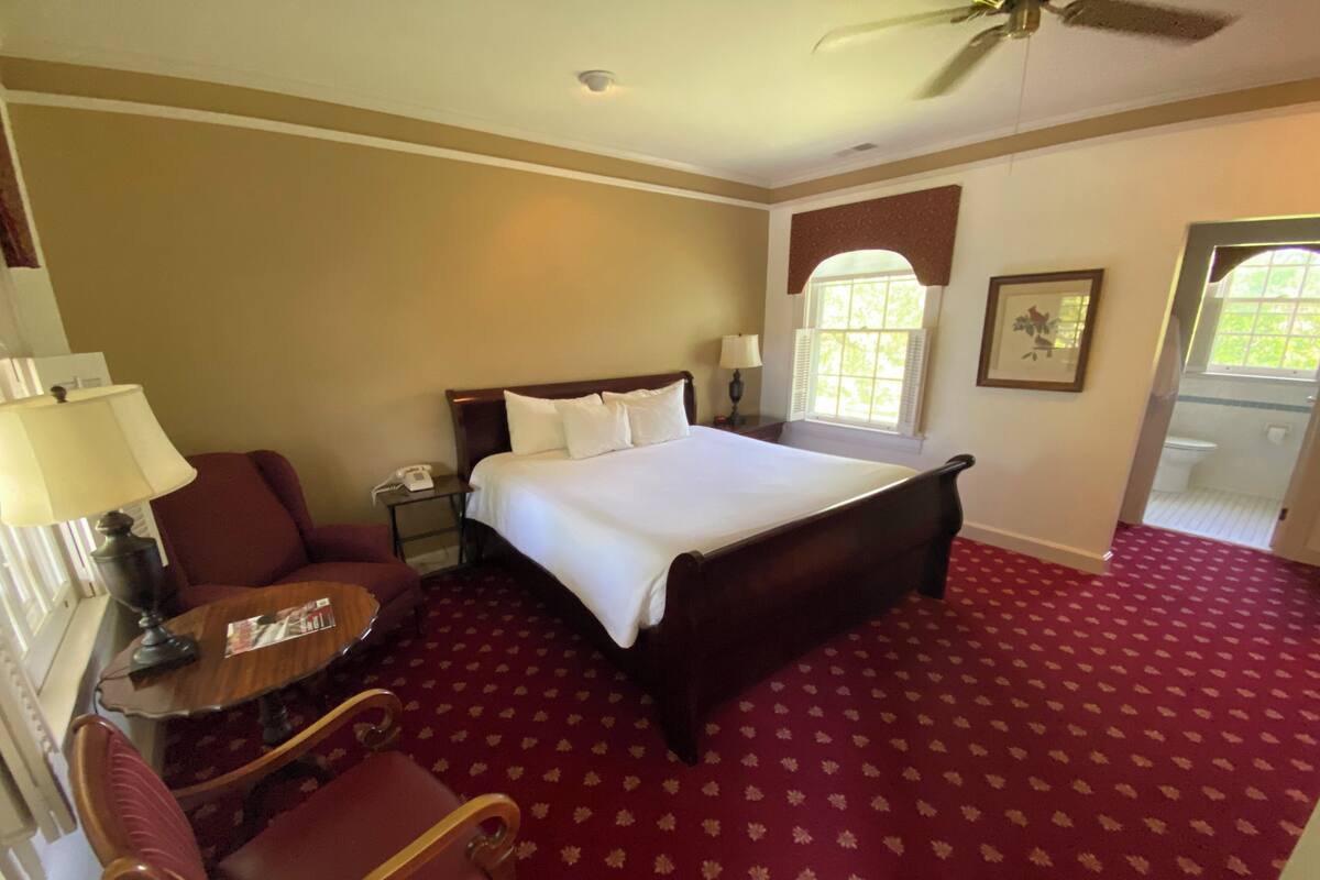 Habitación de hotel con una cama grande, un escritorio con lámpara, una silla, una mesita de noche, una ventana con vistas y un ventilador de techo.