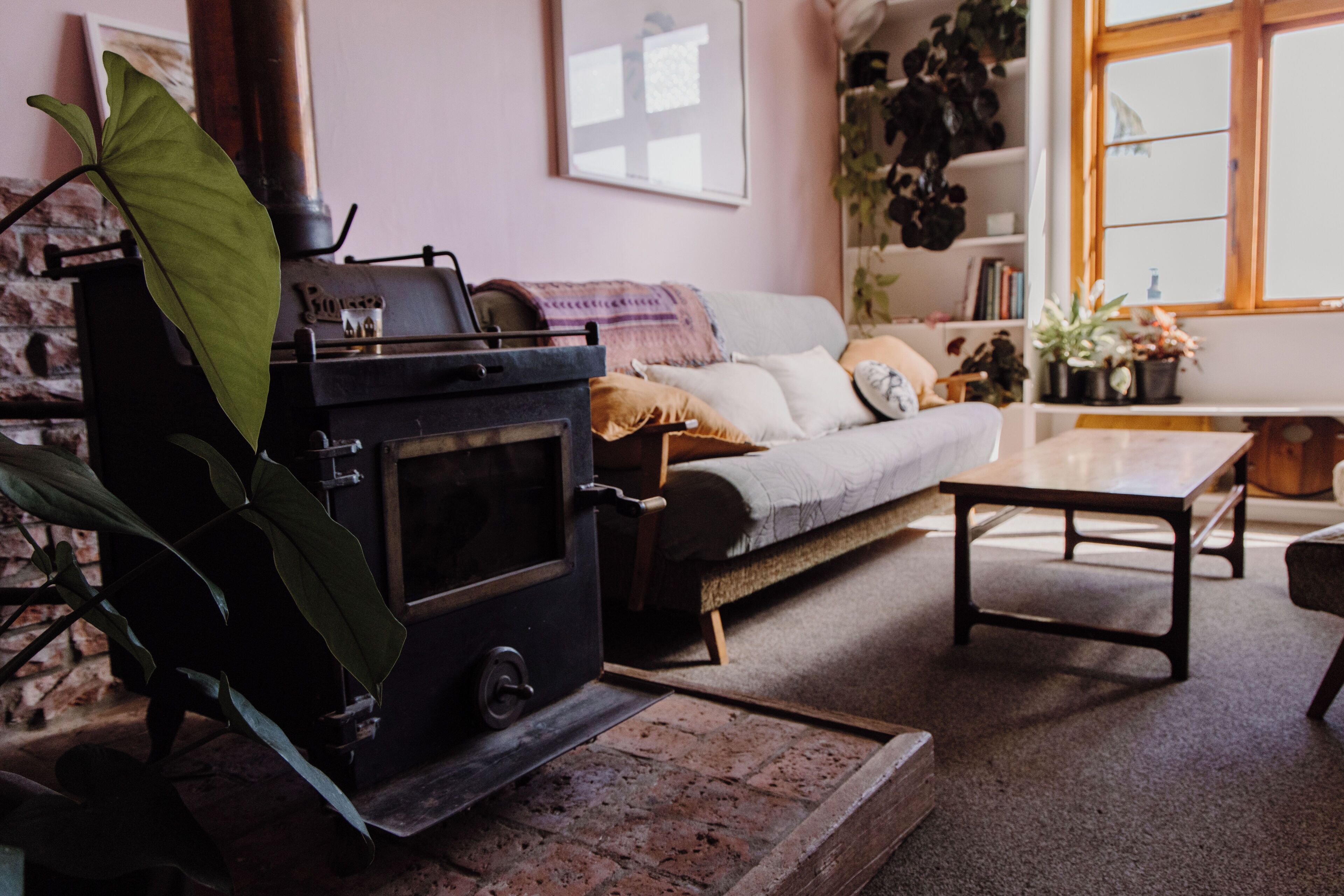 Un salon chaleureux avec un poêle à bois, un canapé, une table basse et une grande plante.