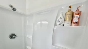 Hair dryer, towels, soap, shampoo