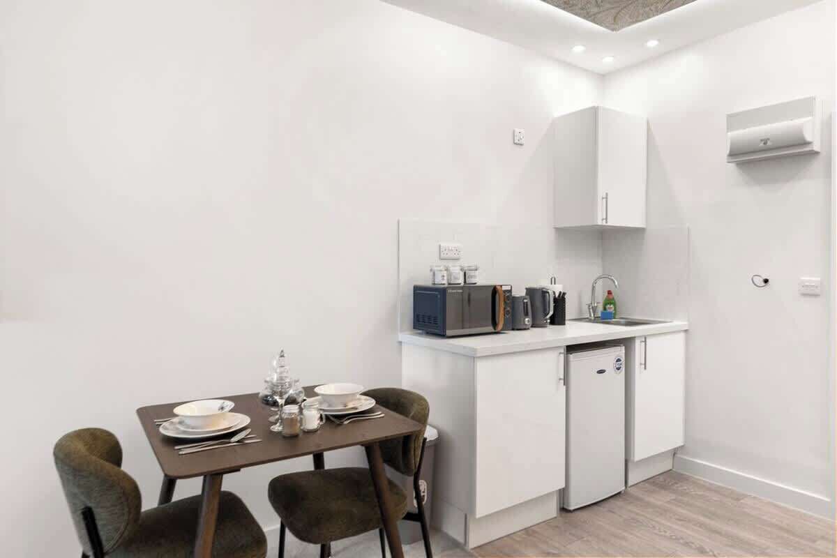 Fridge, microwave, electric kettle, toaster