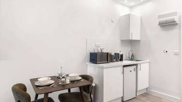 Fridge, microwave, electric kettle, toaster