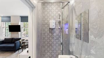 Shower, hair dryer, shampoo
