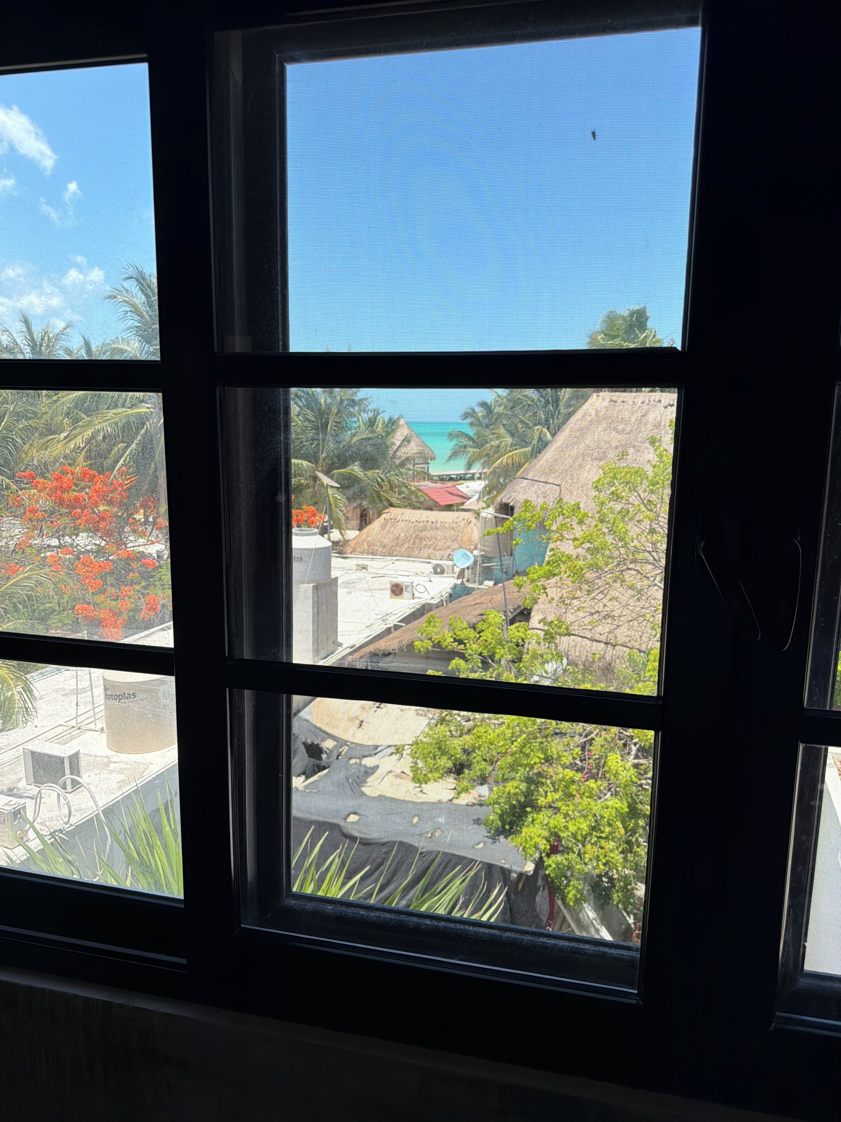 Una ventana con múltiples vidrios, cada uno mostrando diferentes vistas de un paisaje tropical con edificios, árboles y cielo despejado.