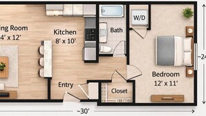 A floor plan with a living room, kitchen, bathroom, bedroom, and entryway. - Fully Renovated 1BR  Walk to Hospitals University Parking (Indianapolis)
