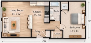 Plano de planta que muestra una sala de estar, cocina, baño, dormitorio y vestíbulo.