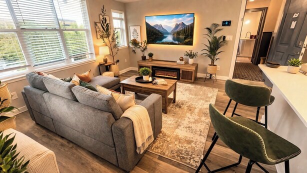 A modern living room with a sofa, coffee table, and chairs, a fireplace, and a large TV. - Fully Renovated 1BR  Walk to Hospitals University Parking (Indianapolis)