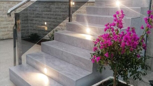 A staircase with a metal handrail, steps, and a potted plant with pink flowers. - Apartment Penthouse Ivan (Drnis)