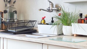 A kitchen with a dish rack, a potted plant, and various bottles on the counter. - ihTop | 4 Bedrooms | 3 Bathrooms | 3 Balconies (Espinho)