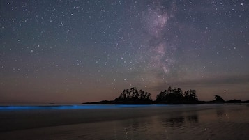 Cielo nocturno con estrellas y la Vía Láctea sobre una playa, con agua tranquila que refleja el cielo.