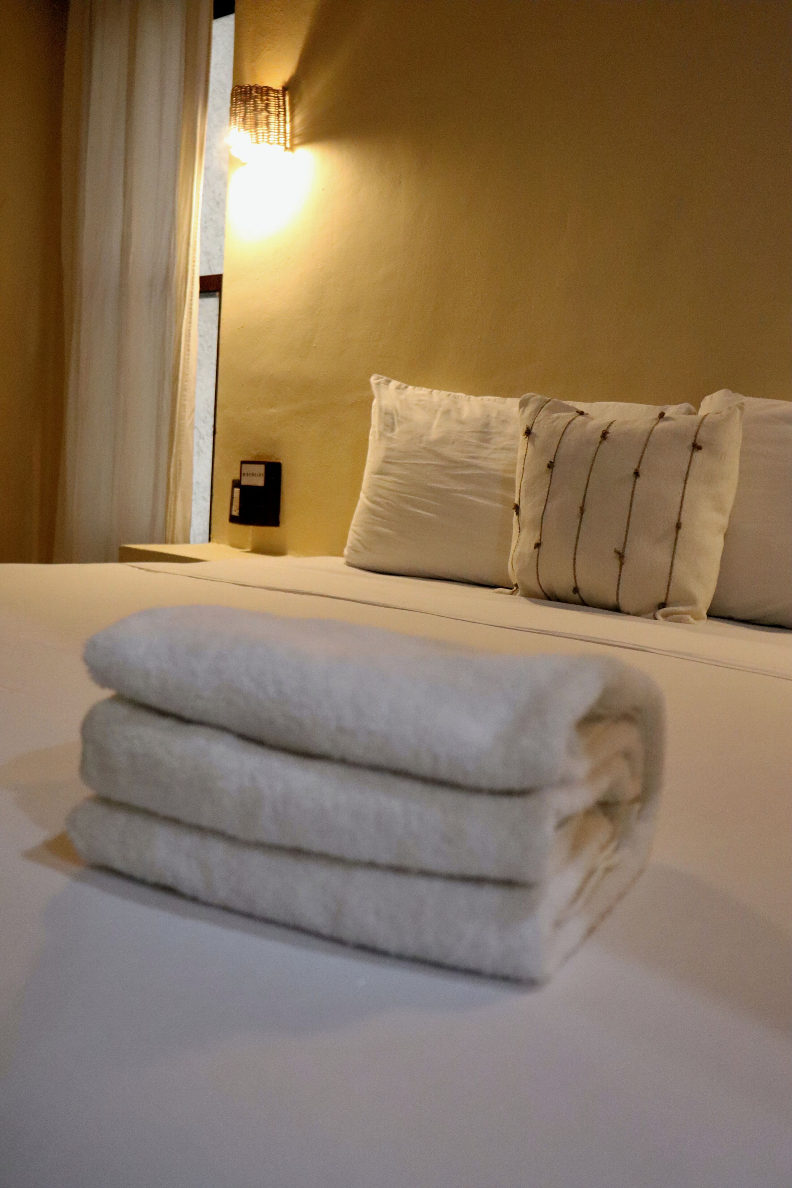 A neatly made bed with pillows, a bedside table with a lamp, and a wall-mounted light fixture.