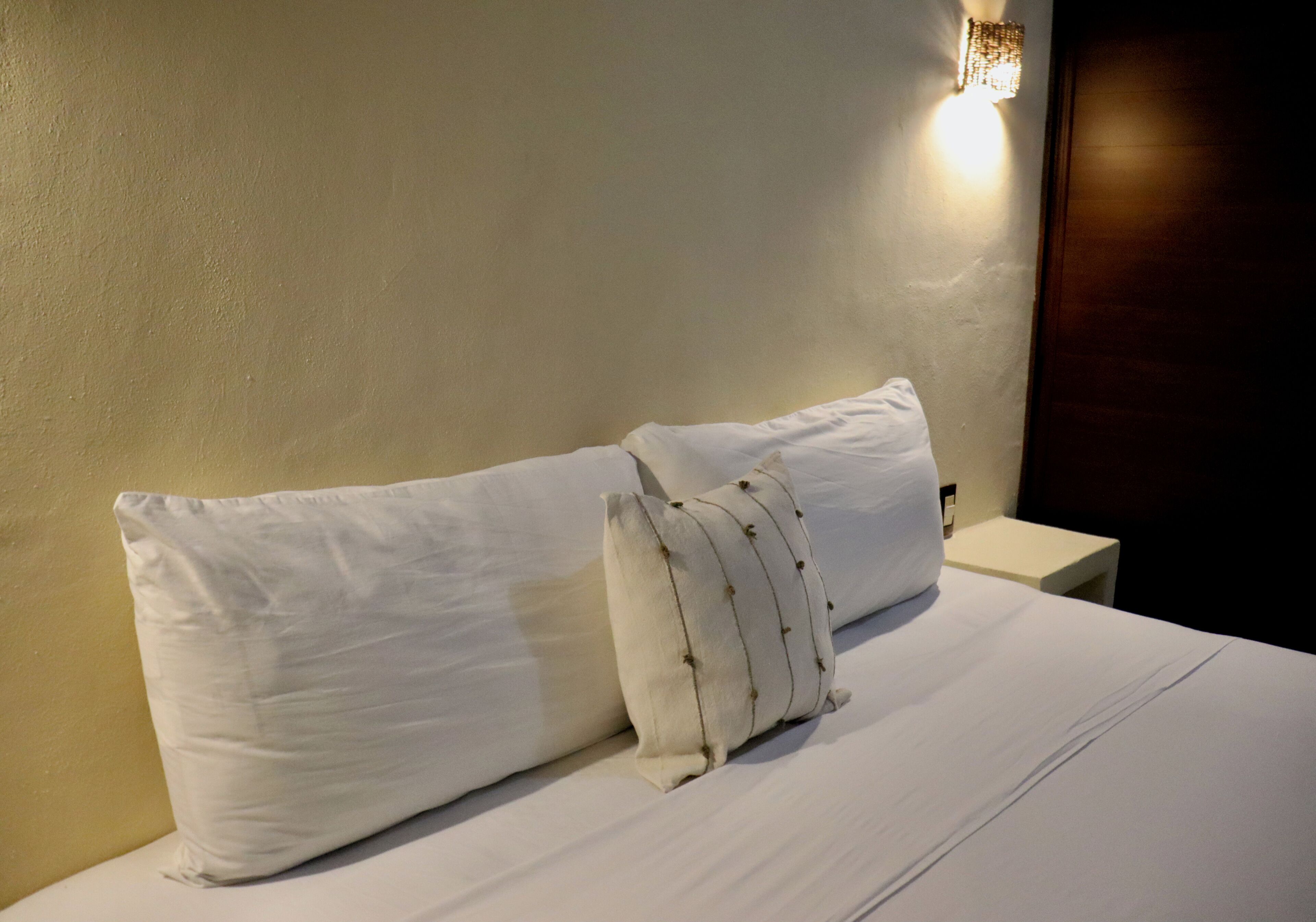 A bed with white bedding and two pillows, a nightstand, and a wall-mounted light fixture.