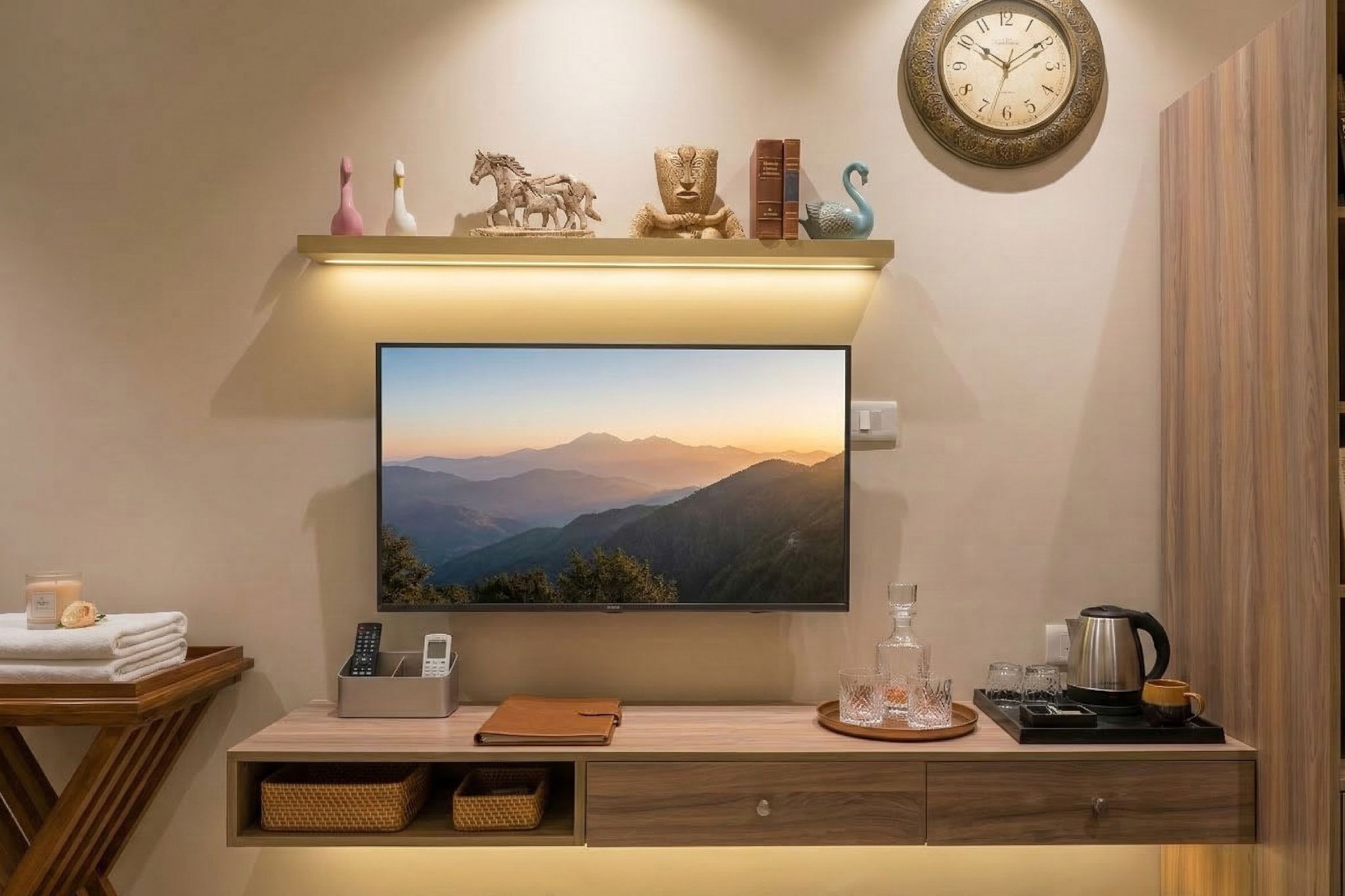 A modern room with a TV displaying a mountain view, a wooden console with a phone, a kettle, and a tray with glasses.