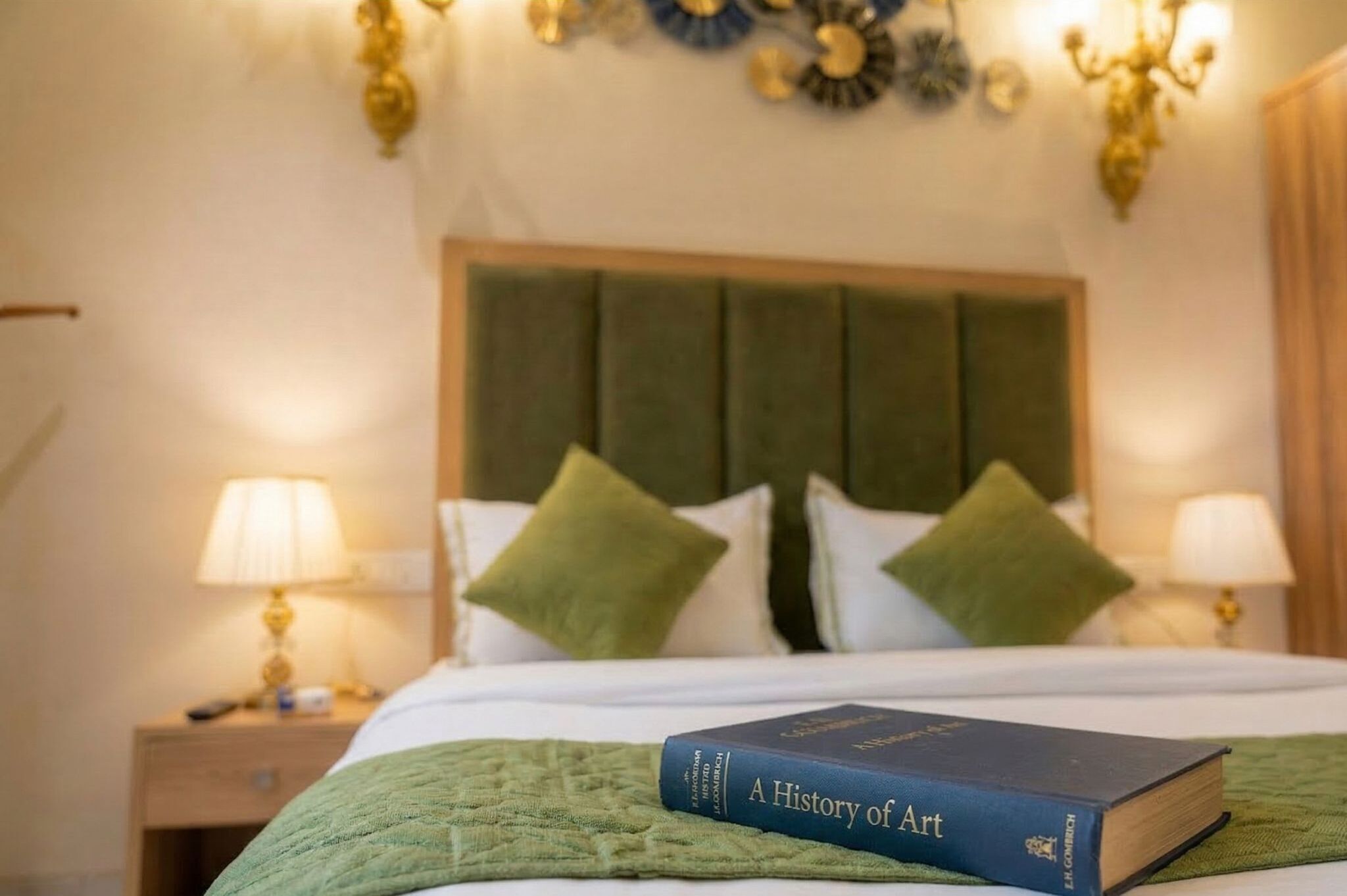 A neatly made bed with a green bedspread, two pillows, and a book titled 'A History of Art' on the bed. There are two bedside lamps with lampshades, a wooden nightstand, and a wall clock.