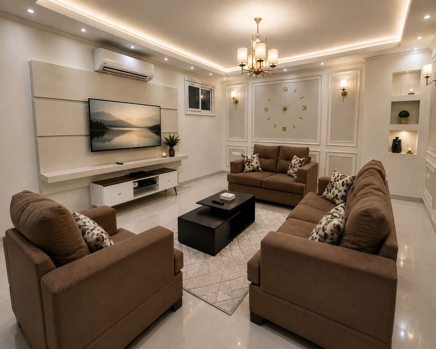 A modern living room with a flat-screen TV, two sofas, a coffee table, and a decorative wall clock.