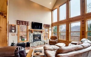 TV, fireplace - Porch & Pines-Luxury Retreat w/Magnificent Views! (Waynesville)