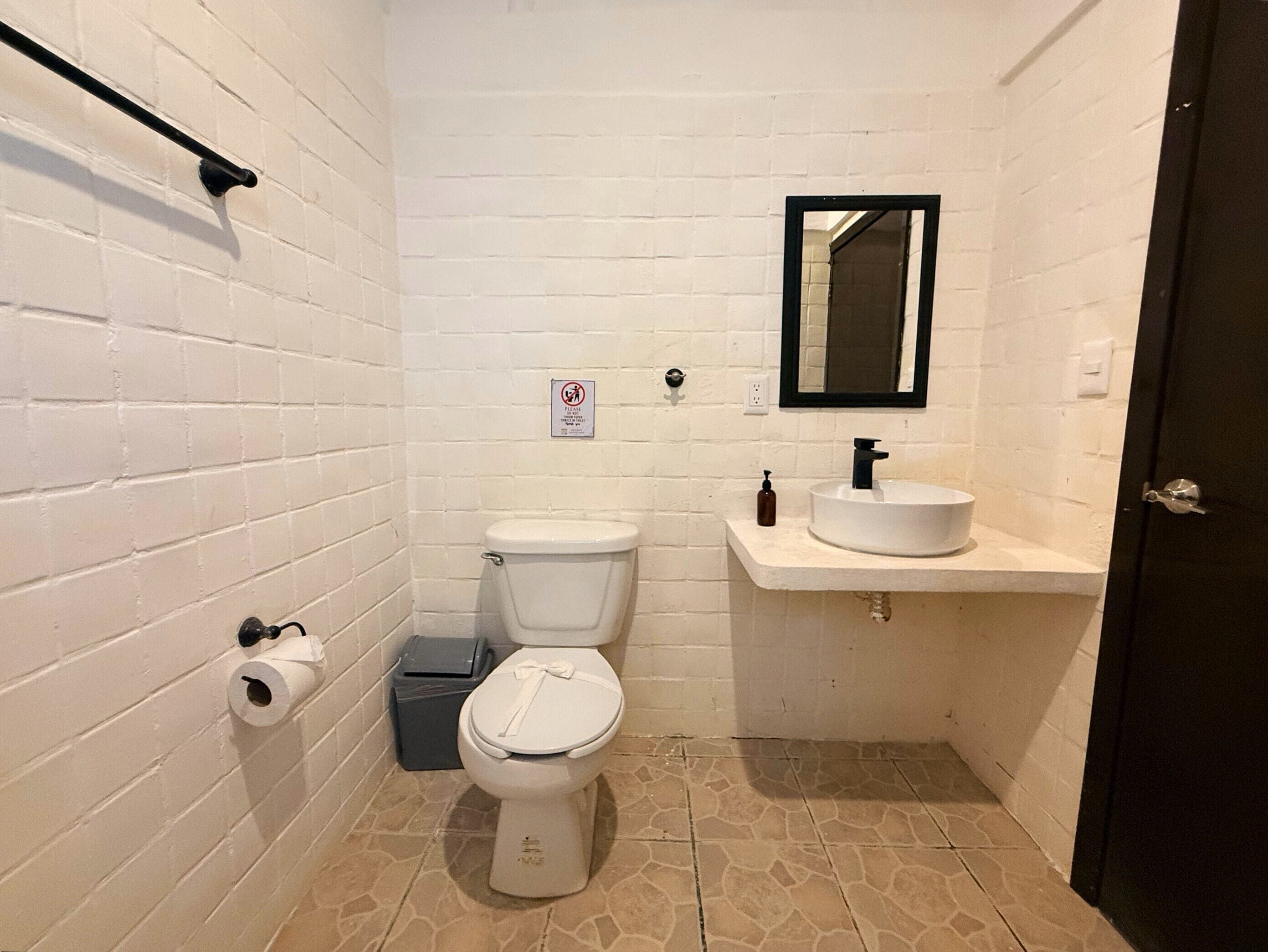 Une salle de bain équipée d’un WC, d’un lavabo, d’un miroir et d’un rouleau de papier toilette.