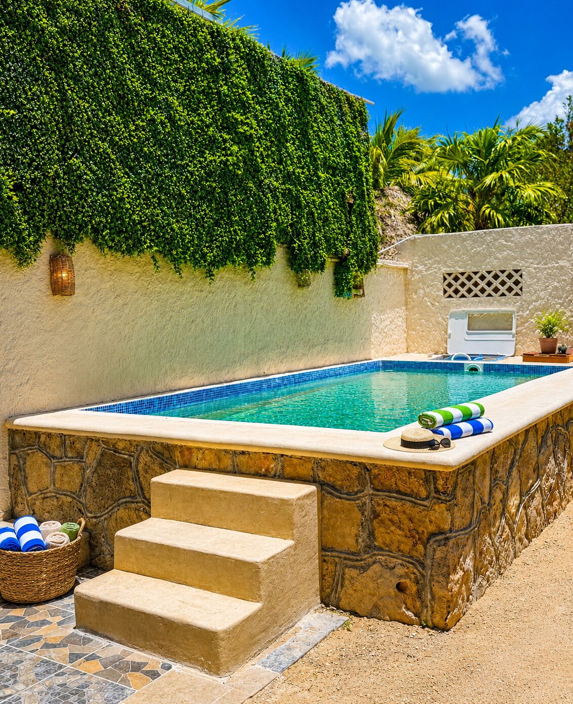 Una piscina al aire libre, tumbonas