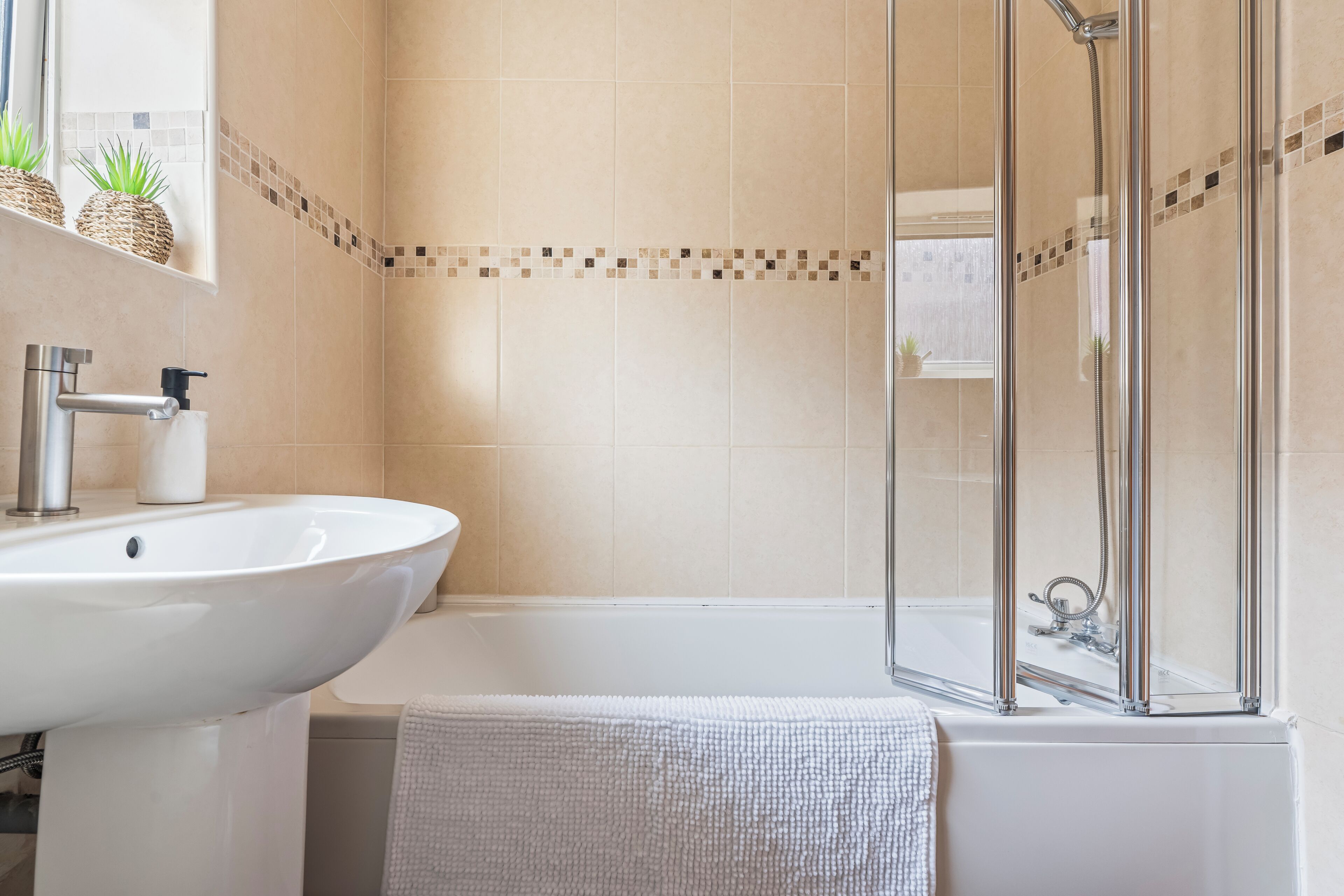 Hair dryer, bidet, towels, soap