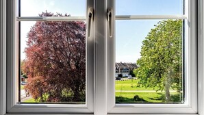 Ein Fenster mit Blick auf einen Baum mit roten Blättern, einen grünen Baum und ein Gebäude im Hintergrund.