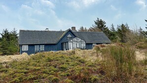A blue wooden house with a sloped roof, surrounded by natural vegetation.