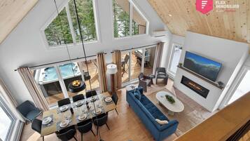 Smart TV, fireplace, foosball