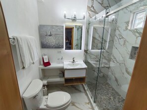 Douche, séchoir à cheveux, serviettes fournies, savon