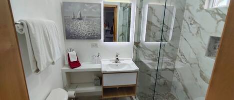 Douche, séchoir à cheveux, serviettes fournies, savon