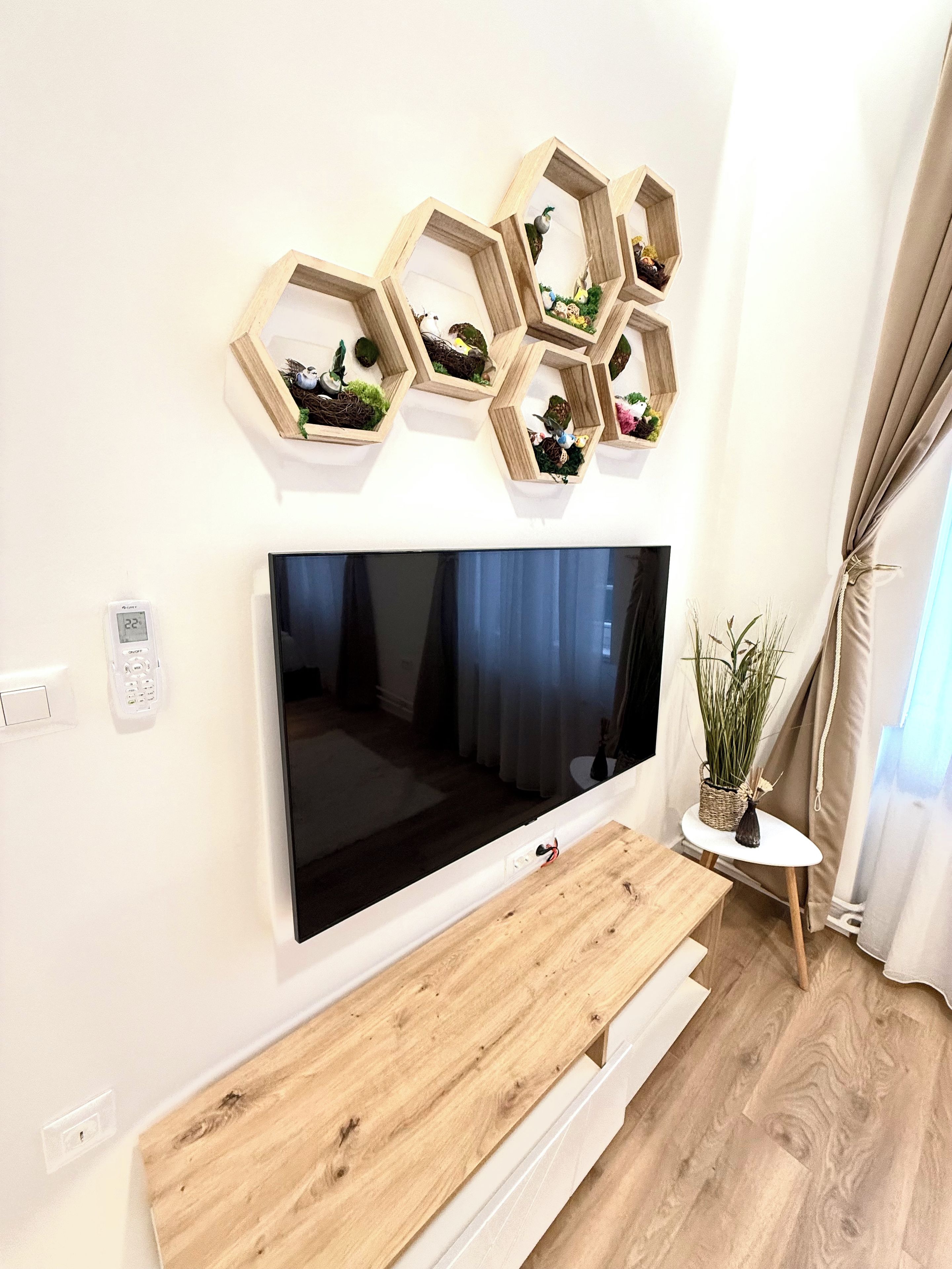 A modern living room with a large flat-screen TV mounted on the wall, wooden hexagonal shelves with decorative items, a wooden coffee table, and a potted plant.