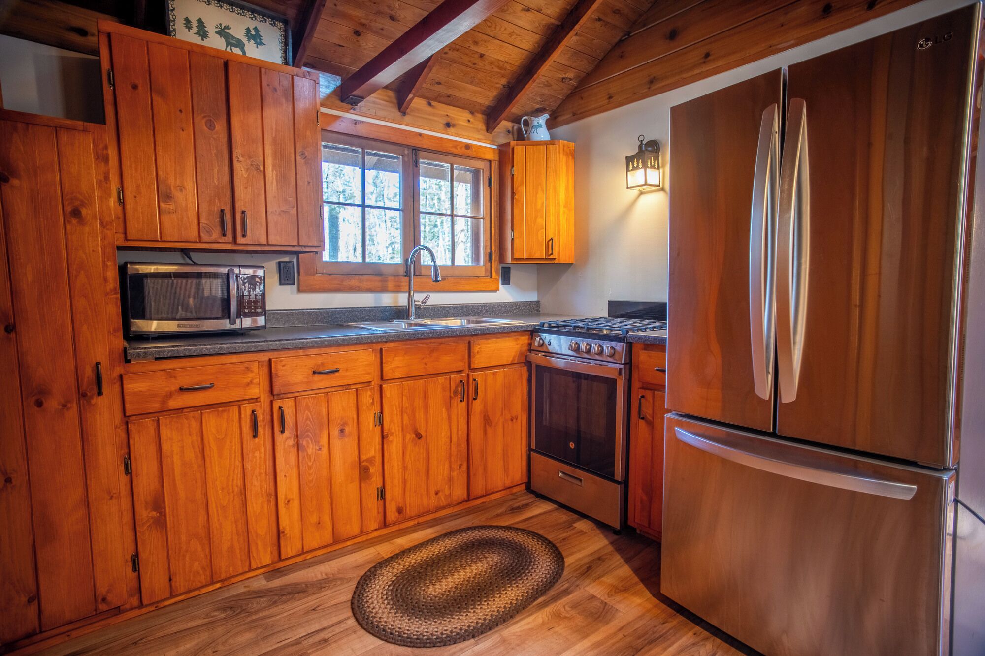 Fridge, microwave, cookware/dishes/utensils