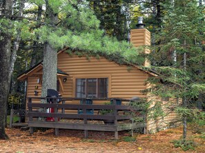 A log cabin with a chimney, a deck, and a window. - Hidden gem: The Chipmunk Cabin (Babbitt)