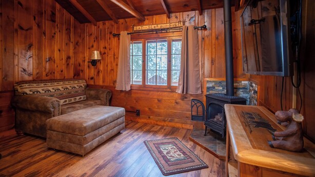 Interior acogedor de una cabaña con paredes de madera, un sofá, una chimenea y una ventana con cortinas.