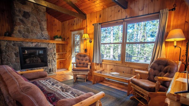 Interior acogedor de una cabaña con chimenea de piedra, paredes de madera, un ventanal con vistas a árboles y una zona de estar cómoda con un sofá y dos sillones.