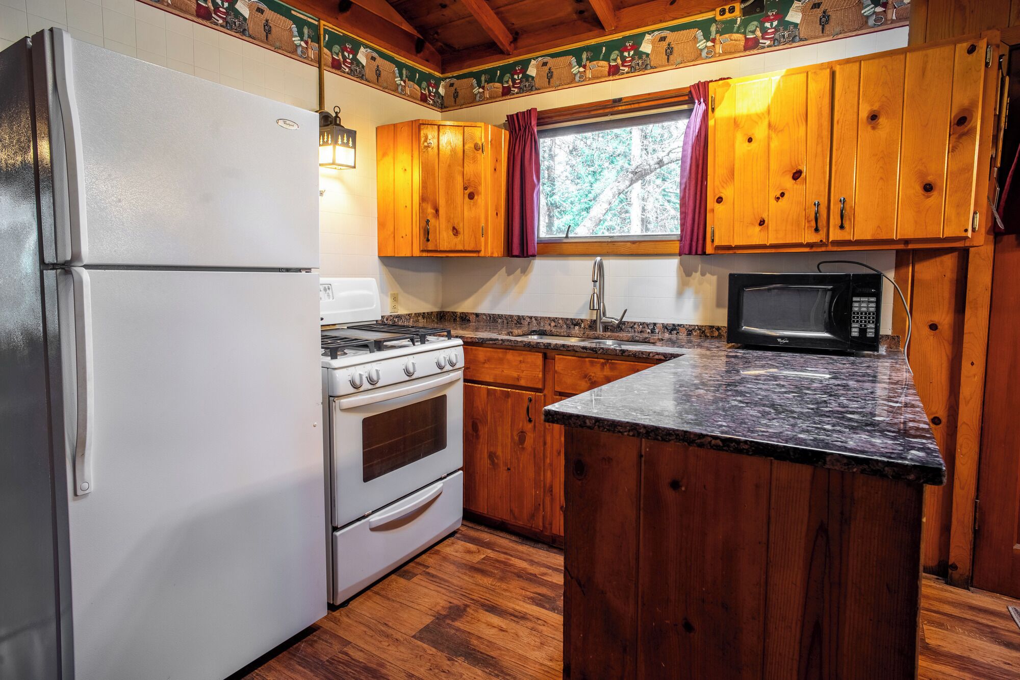 Fridge, microwave, cookware/dishes/utensils