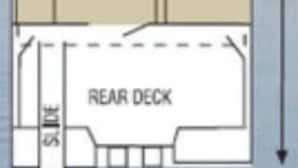A floor plan with a front deck, a bathroom, a shower, a galley, and an over/under double bed area. - The Mallard Houseboat at Timber Bay (Babbitt)