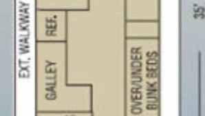 A floor plan of a hotel with a front deck, rear deck, and a slide. - The Turtle Houseboat at at Timber Bay (Babbitt)